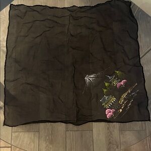 Vintage Black Sheer Asian handkerchief with silk screen painted design
